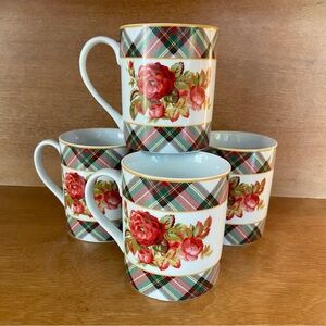 Ralph Lauren China Skyler Floral  Coffee Cups Mugs Tartan Plaid Set Of 4